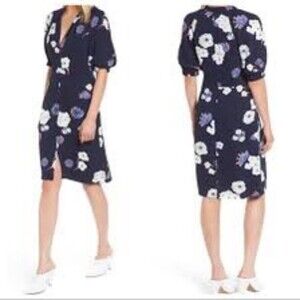 Lewit Nordstrom Puffy Sleeve Floral Print White + Blue Midi Dress, size 6